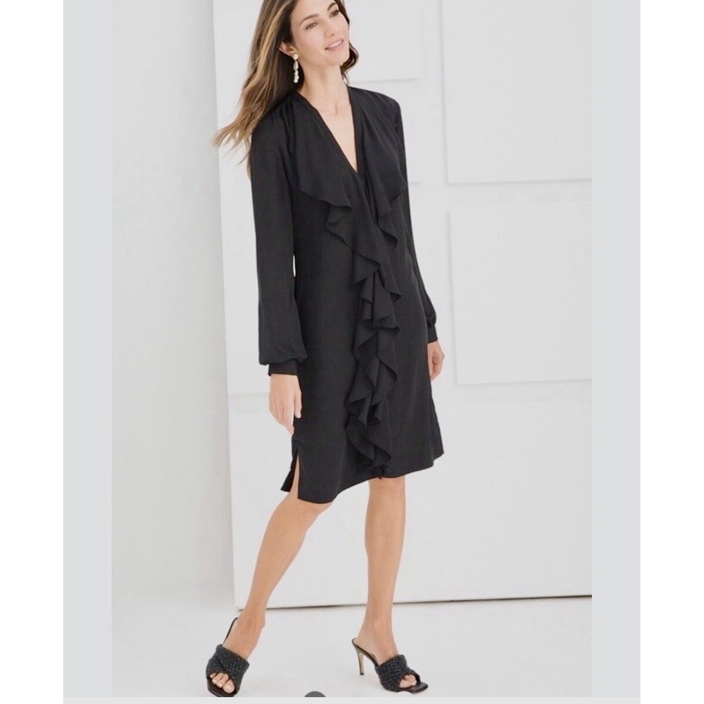 NEW $178 CHICO'S Black Label Womens XS Chiffon Ruffle Shirt Dress Sophisticated
